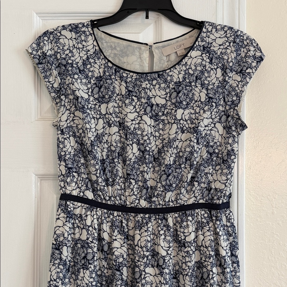 LOFT Navy Floral Cap-Sleeve Midi Dress on White